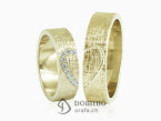 Crossed Lines diamonds and engraved Heart wedding rings Yellow gold 18 kt